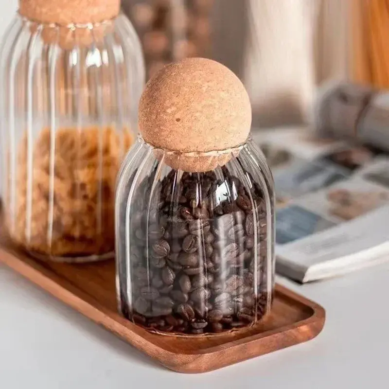 500-1300ml Glass Stripe Sealed Storage Tank with Cork Stopper Kitchen Storage Box Coffee Beans Nuts Candy Food spices Container
