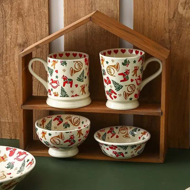 Christmas Ceramic Tableware Bowls Plates Water Cups Retro Breakfast Dessert Bowls Coffee Cup Microwaveable Christmas Gifts