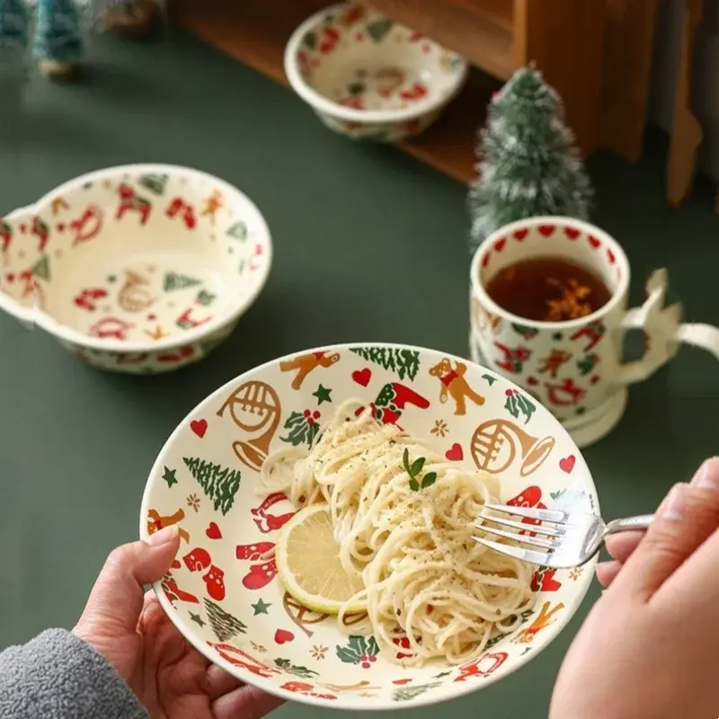 Christmas Ceramic Tableware Bowls Plates Water Cups Retro Breakfast Dessert Bowls Coffee Cup Microwaveable Christmas Gifts