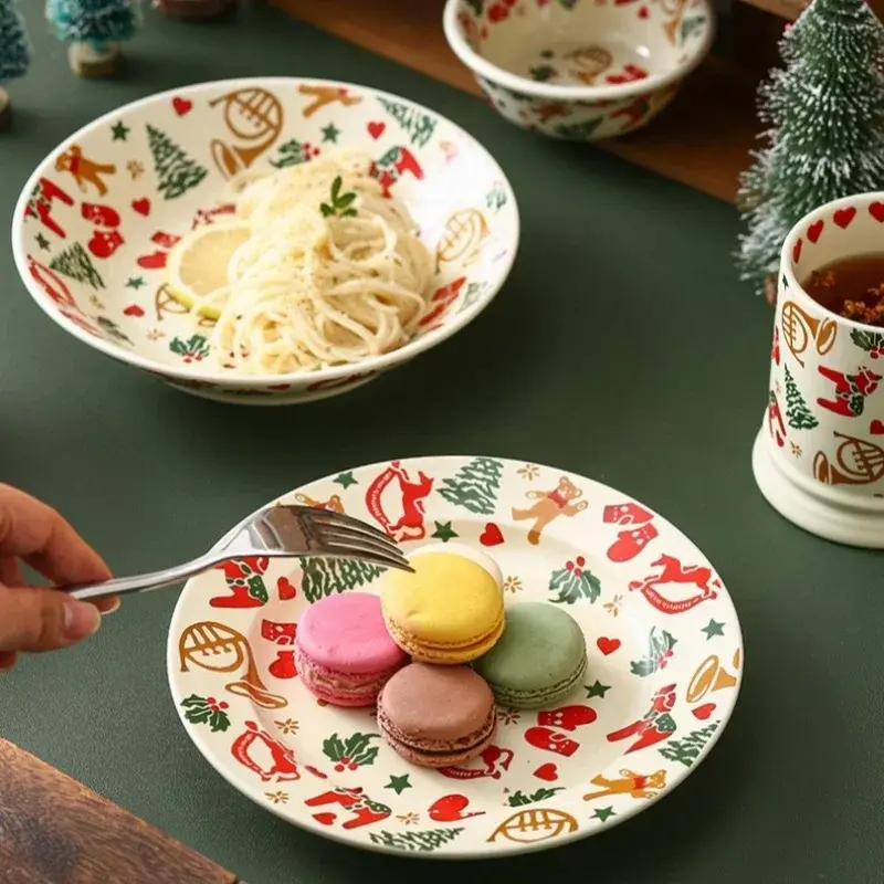 Christmas Ceramic Tableware Bowls Plates Water Cups Retro Breakfast Dessert Bowls Coffee Cup Microwaveable Christmas Gifts