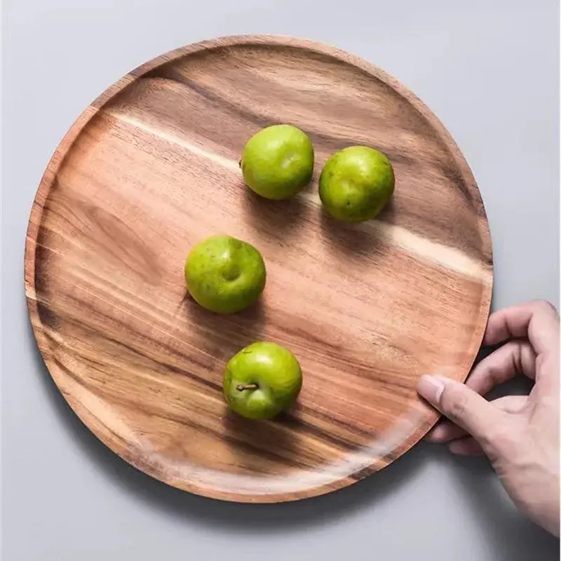 1PC Natural Wooden Tray Round Simple Serving Tray Retro Wood Plates Fruit Dessert Plate Snack Fruit Platter Food Plate Dish