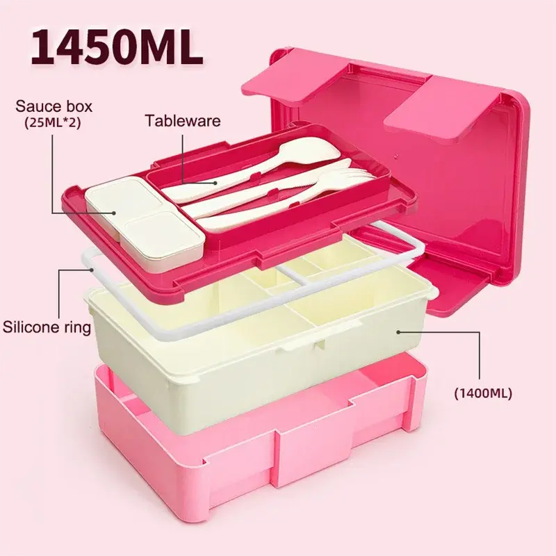 1450ml 4 Compartment Sealed Lunch Boxes with spoon fork Bento Box for Kids Microwave Heating Bento Box Food Storage Containers
