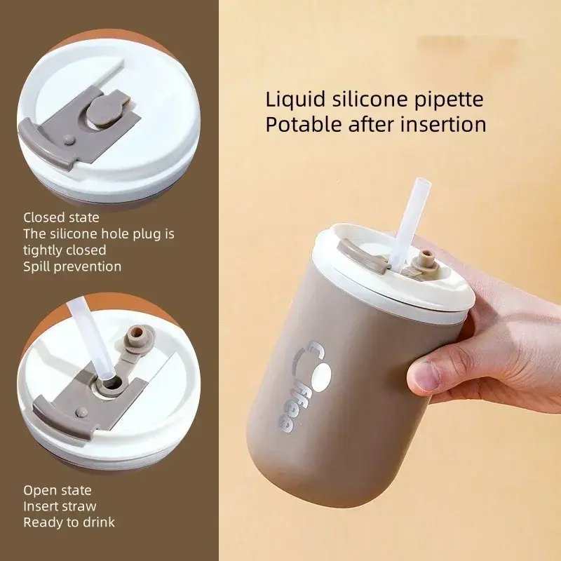 500ml 304 Stainless Steel Thermos Coffee Cup with Silicone Straw Double layer Leak-proof Travel Milk Tea Car Water Cups Thermos