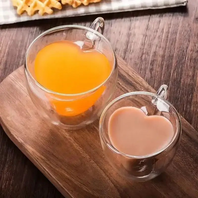 Heart Love Shape Glass Cup Double Wall Coffee Mug with handle Anti-scald Heart Drinking Tea Milk Juice Water cup Lover Gift