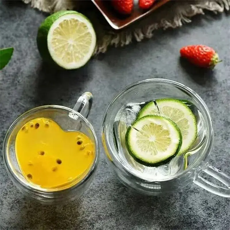 Heart Love Shape Glass Cup Double Wall Coffee Mug with handle Anti-scald Heart Drinking Tea Milk Juice Water cup Lover Gift