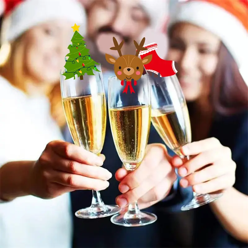 100pcs Christmas Cup Card Christmas Party Wine Glass Decoration Santa Elk Hat Cup Card Table Decor Navidad New Year Party Supply