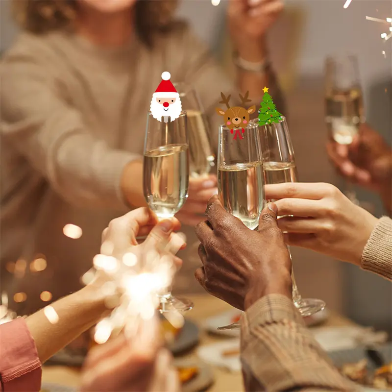 100pcs Christmas Cup Card Christmas Party Wine Glass Decoration Santa Elk Hat Cup Card Table Decor Navidad New Year Party Supply