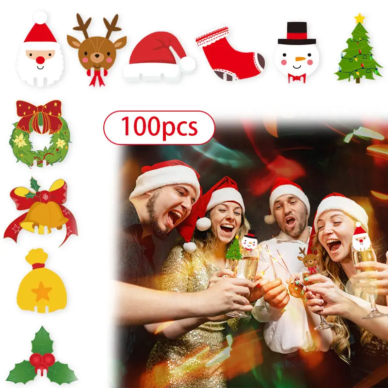 100pcs Christmas Cup Card Christmas Party Wine Glass Decoration Santa Elk Hat Cup Card Table Decor Navidad New Year Party Supply