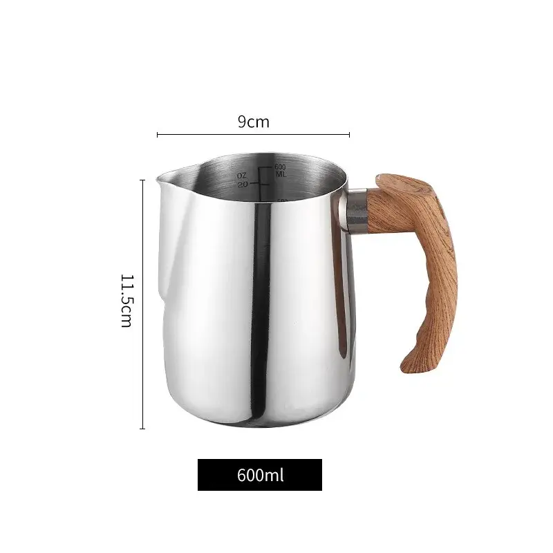 304 Stainless Steel Coffee Milk Frothing Pitcher Jug 600/900ML Latte Steam Coffee Pot With Scale Wooden Handle Latte Coffee Cup