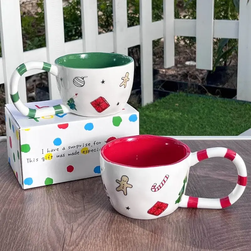 350ML Christmas Coffee Mug Hand Pinched Ceramic Cup Winter Afternoon Tea Milk Cup Xmas Gift Irregular Large Handle Water Cup