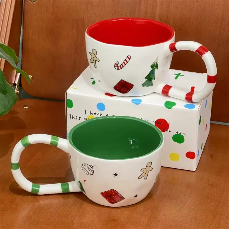 350ML Christmas Coffee Mug Hand Pinched Ceramic Cup Winter Afternoon Tea Milk Cup Xmas Gift Irregular Large Handle Water Cup