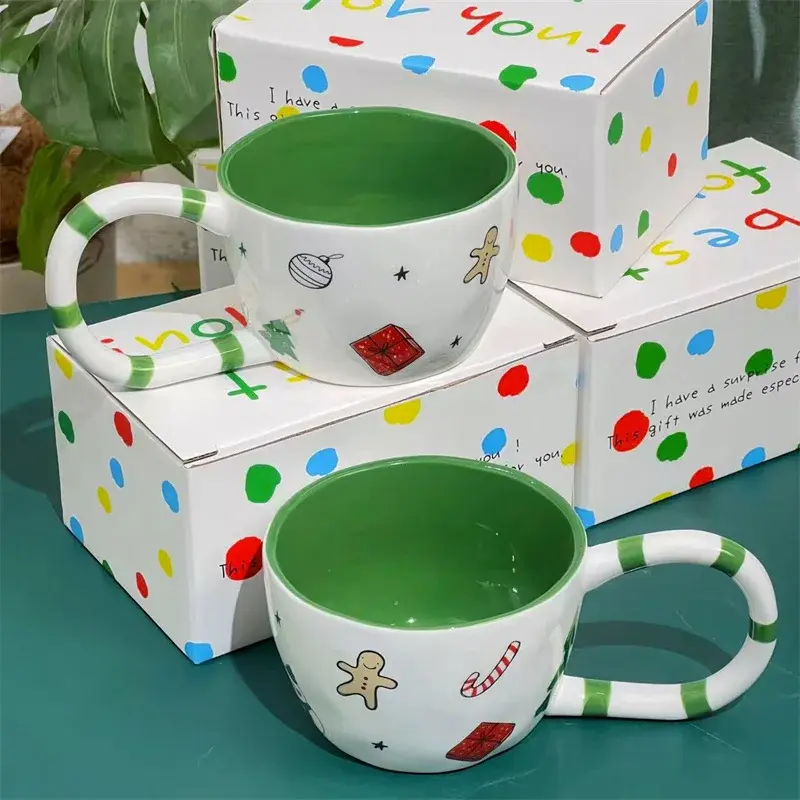 350ML Christmas Coffee Mug Hand Pinched Ceramic Cup Winter Afternoon Tea Milk Cup Xmas Gift Irregular Large Handle Water Cup