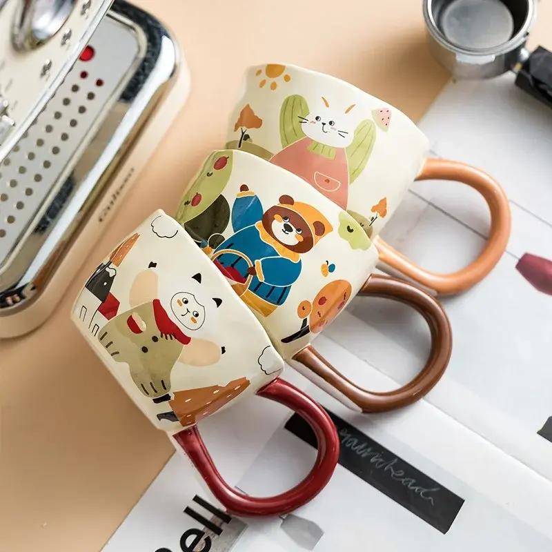 350ML Cartoon Hand Painted Bunny bear Coffee Cups Irregular Ceramic Mug Large Handle Home Office Milk Water Cup Kid's Gifts