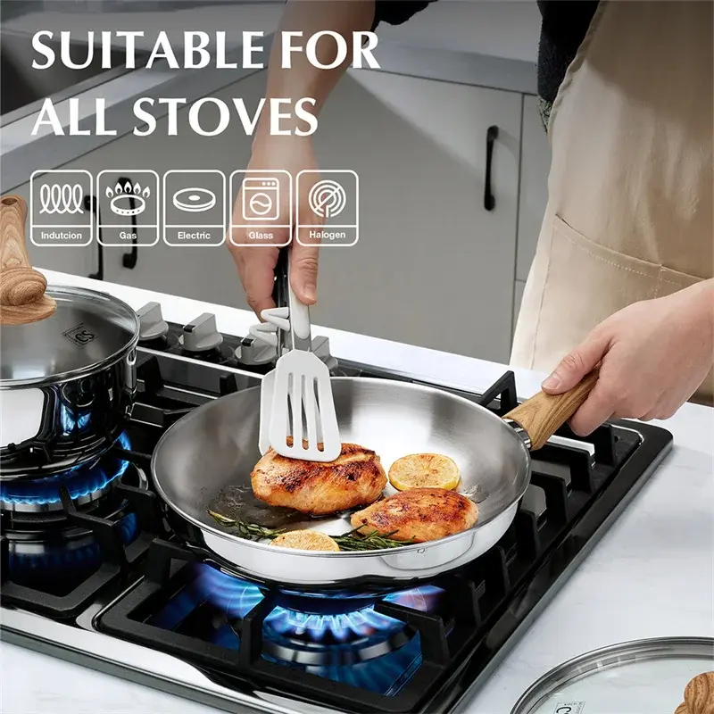 KOCH SYSTEME CS Frying Pan 8/10/12Inch Stainless Steel Frying Pan with Heat-resistant Bakelite Handle Induction Cooking Pot