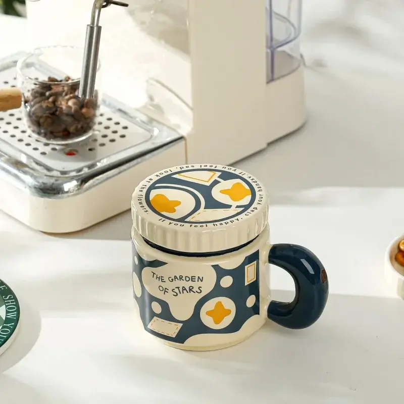 400ml Checkerboard Flower Pattern Ceramic Cup with Lid and Handle Coffee Cup Home Office Breakfast Milk Cups Birthday Gift