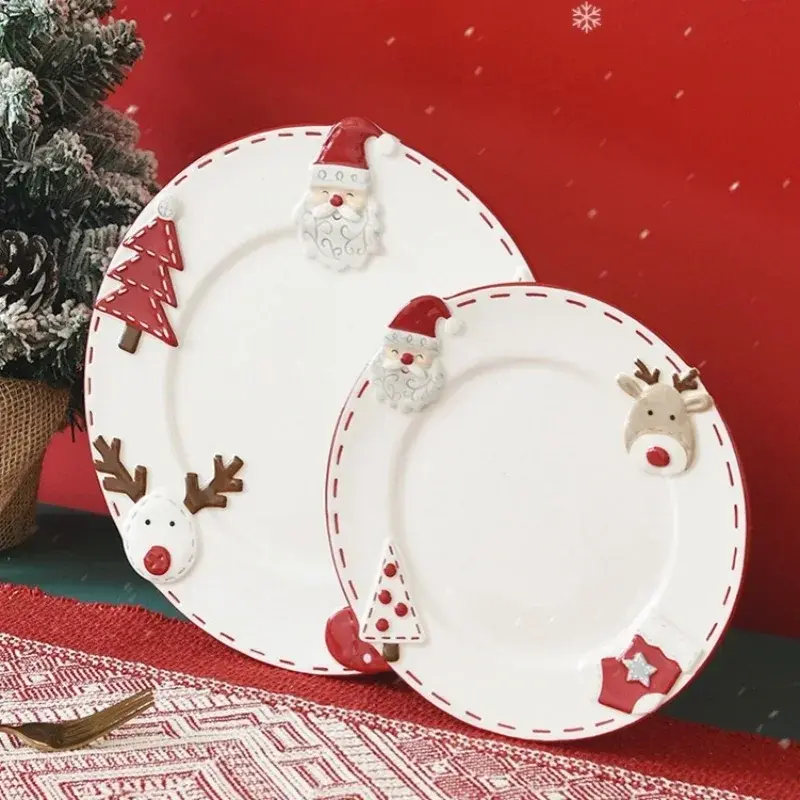 Nordic Ceramics Plate Christmas Gift Santa Claus Embossed Dishes Dessert Plate Western Plate Cake Dessert Plate Home Tableware