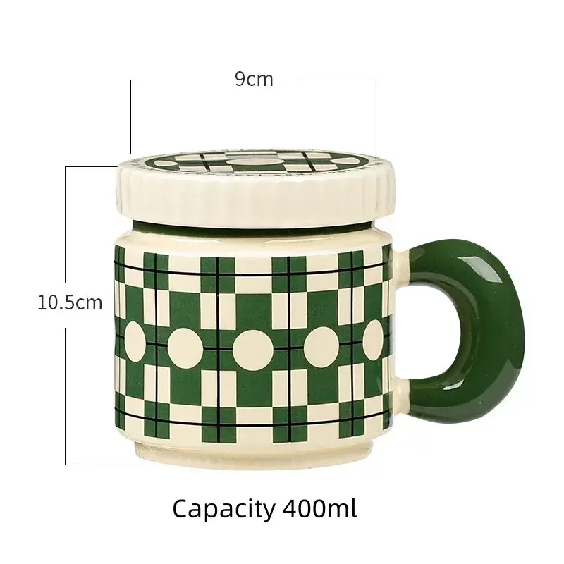 400ml Checkerboard Flower Pattern Ceramic Cup with Lid and Handle Coffee Cup Home Office Breakfast Milk Cups Birthday Gift