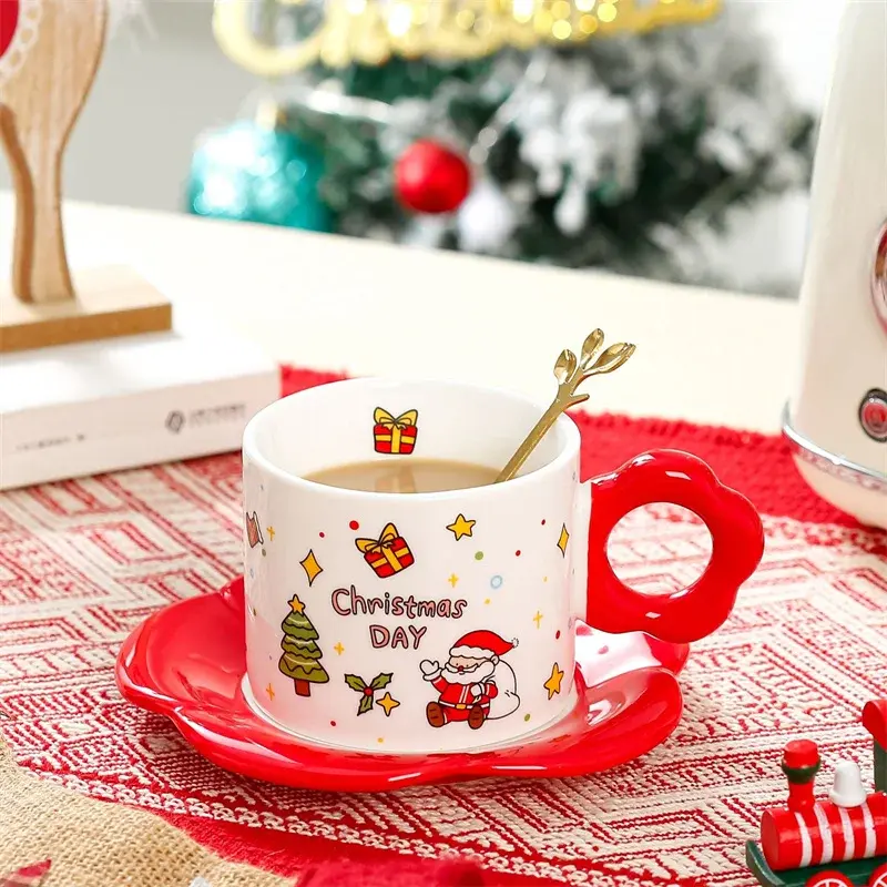 Exquisite Christmas Gift Ceramic Cup Santa Coffee Mugs and Saucers with Spoon Xmas Party Afternoon Tea Cups Breakfast Milk Cup