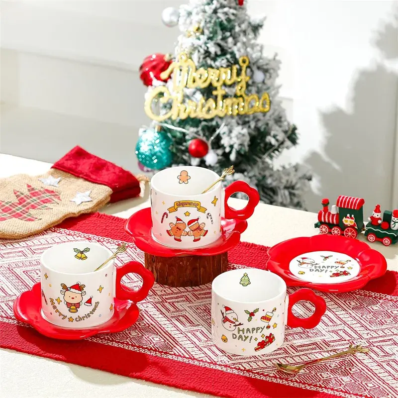 Exquisite Christmas Gift Ceramic Cup Santa Coffee Mugs and Saucers with Spoon Xmas Party Afternoon Tea Cups Breakfast Milk Cup