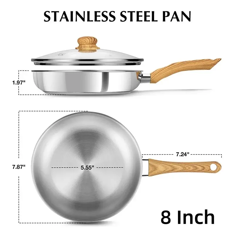 KOCH SYSTEME CS Frying Pan 8/10/12Inch Stainless Steel Frying Pan with Heat-resistant Bakelite Handle Induction Cooking Pot