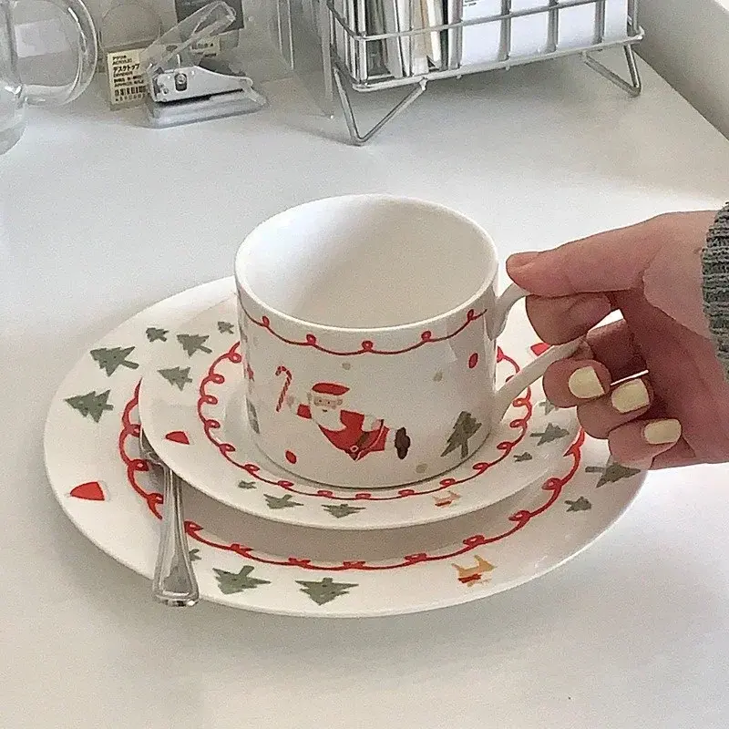 Christmas Ceramic Coffee Cup Saucer 8-inch Plate Hand-painted Cartoon Santa Claus Home Breakfast Milk Cup Fruit Dessert Plate