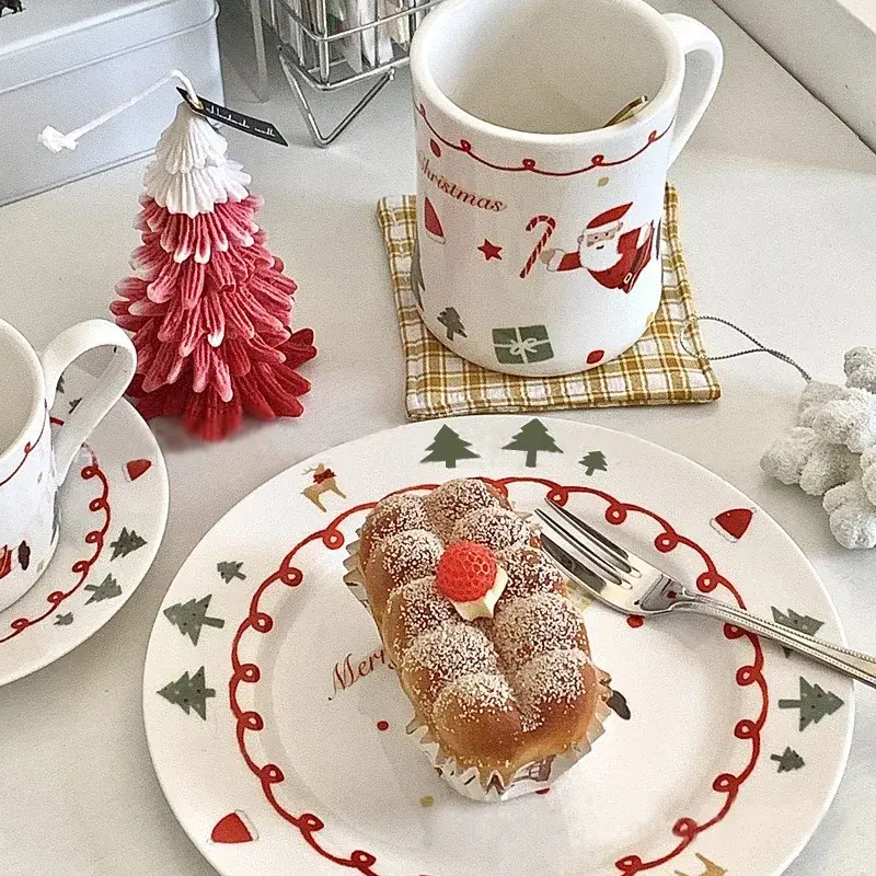 Christmas Ceramic Coffee Cup Saucer 8-inch Plate Hand-painted Cartoon Santa Claus Home Breakfast Milk Cup Fruit Dessert Plate