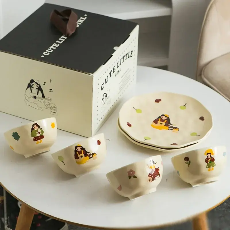 Cute girls Retro Style Tableware Ceramic Dinner Plate Bowl Coffee Cup Household Rice Salad bowl Fruit dish Breakfast Plates