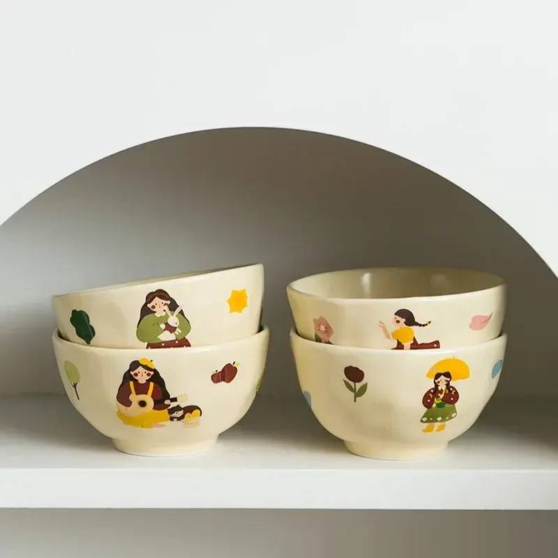 Cute girls Retro Style Tableware Ceramic Dinner Plate Bowl Coffee Cup Household Rice Salad bowl Fruit dish Breakfast Plates