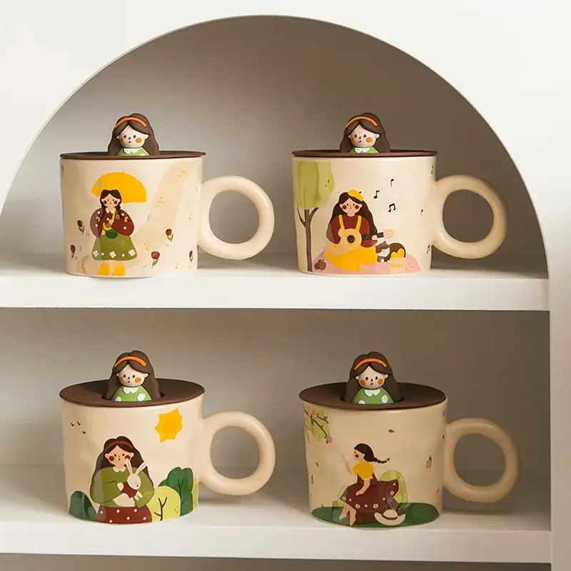 Cute girls Retro Style Tableware Ceramic Dinner Plate Bowl Coffee Cup Household Rice Salad bowl Fruit dish Breakfast Plates