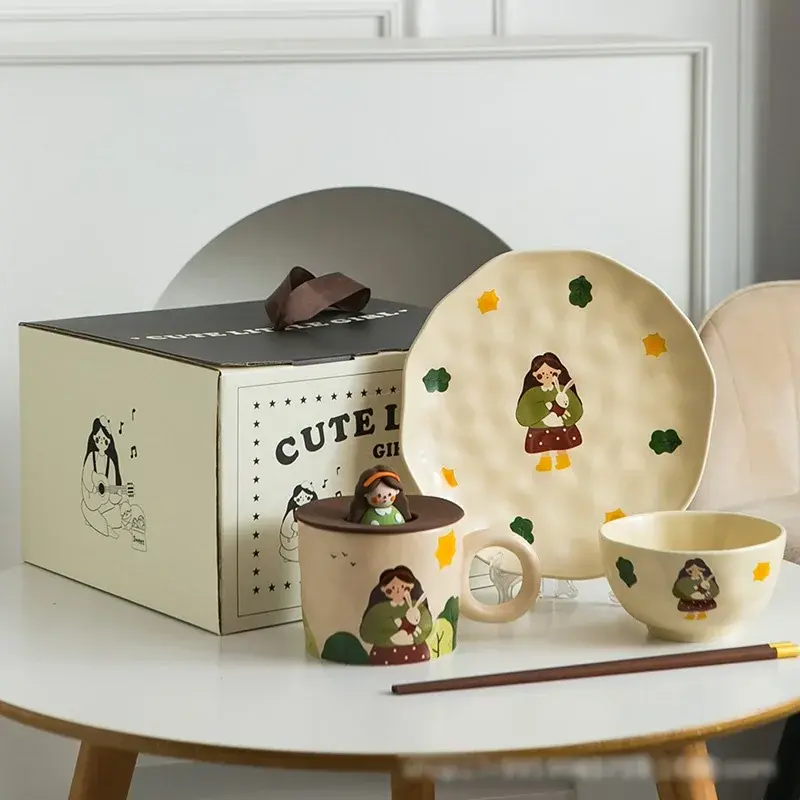 Cute girls Retro Style Tableware Ceramic Dinner Plate Bowl Coffee Cup Household Rice Salad bowl Fruit dish Breakfast Plates
