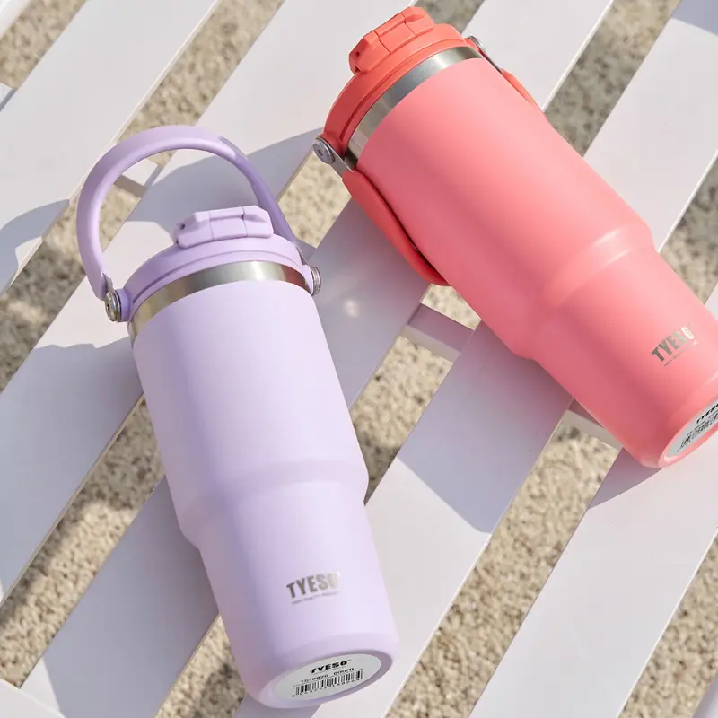 Tyeso Stainless Steel Vacuum Flasks Handle Thermos Cup Dual-Drink Coffee Cup Cold & Hot Insulated Cup Tumbler Ice Cup Car Bottle