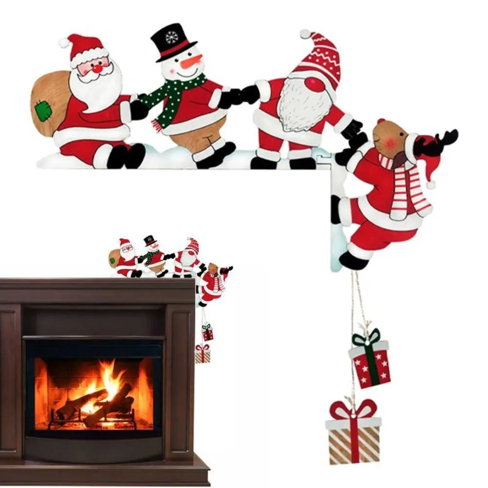 Wooden Santa Claus Door Corner Decor Cartoon Santa Claus Snowman Reindeer Corner Door Frame Decor Figurine Handle Door Corner