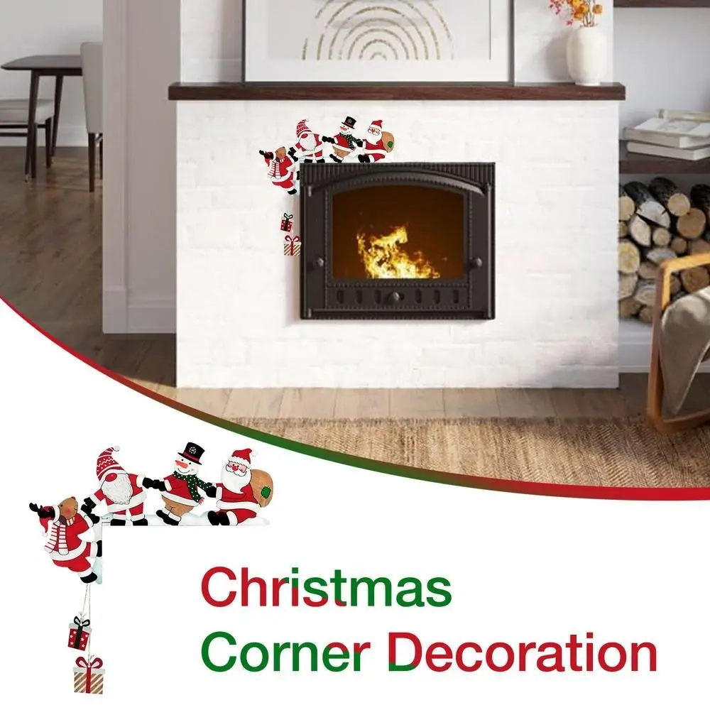 Wooden Santa Claus Door Corner Decor Cartoon Santa Claus Snowman Reindeer Corner Door Frame Decor Figurine Handle Door Corner