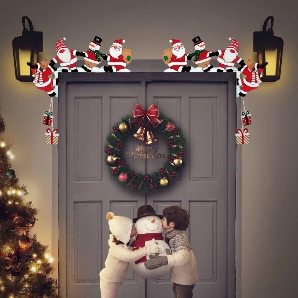 Wooden Santa Claus Door Corner Decor Cartoon Santa Claus Snowman Reindeer Corner Door Frame Decor Figurine Handle Door Corner