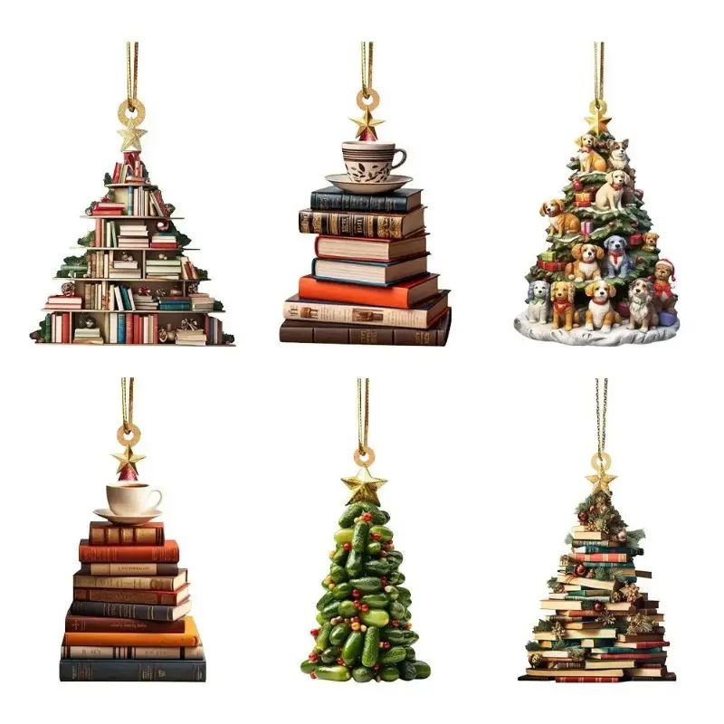 Christmas Tree Car Bookshelf Pendant Decoration 2D Acrylic Book Stacking Decoration New Year Festival backpack Pendant Decor