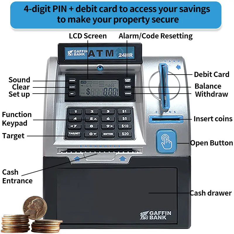 Large Capacity ATM Automatic Teller Machine Piggy Bank Coin Cash Bank Card Savings Box Password Counter Key Lock Safe Kids Gifts