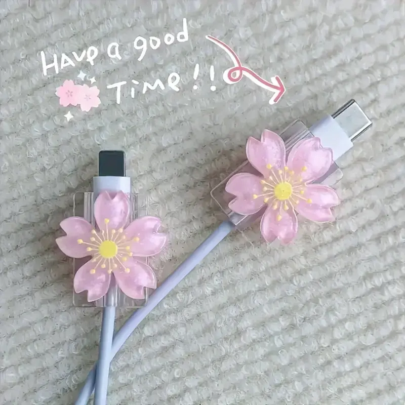 2pcs cherry Flower Cable Protector General Data Line USB Charger Protective Cover Cable Organizer Soft Charging Head Cover Decor