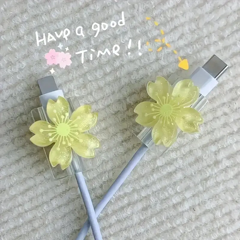 2pcs cherry Flower Cable Protector General Data Line USB Charger Protective Cover Cable Organizer Soft Charging Head Cover Decor
