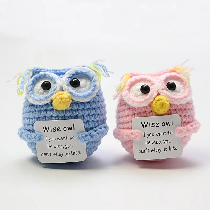 Fun Crochet Positive Energy Eggplant Bee Owl With Card Cartoon Doll Hand Woven Doll Pendant Accessories Christmas New Year Gifts