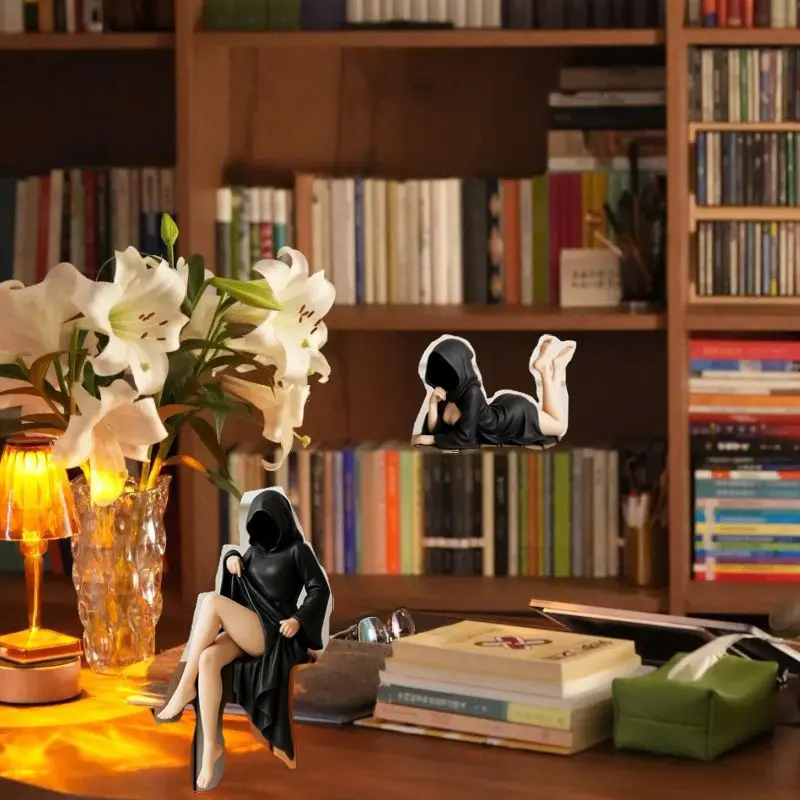 Mask Wearing Woman Statue Bookshelf Desktop Decor Queen Sitting Black Robe 3d Ghost Sculpture Home Office Shelf Gift Artwork