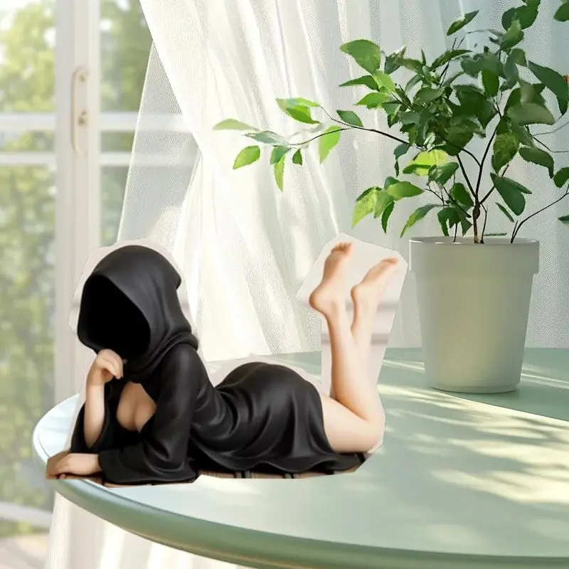 Mask Wearing Woman Statue Bookshelf Desktop Decor Queen Sitting Black Robe 3d Ghost Sculpture Home Office Shelf Gift Artwork