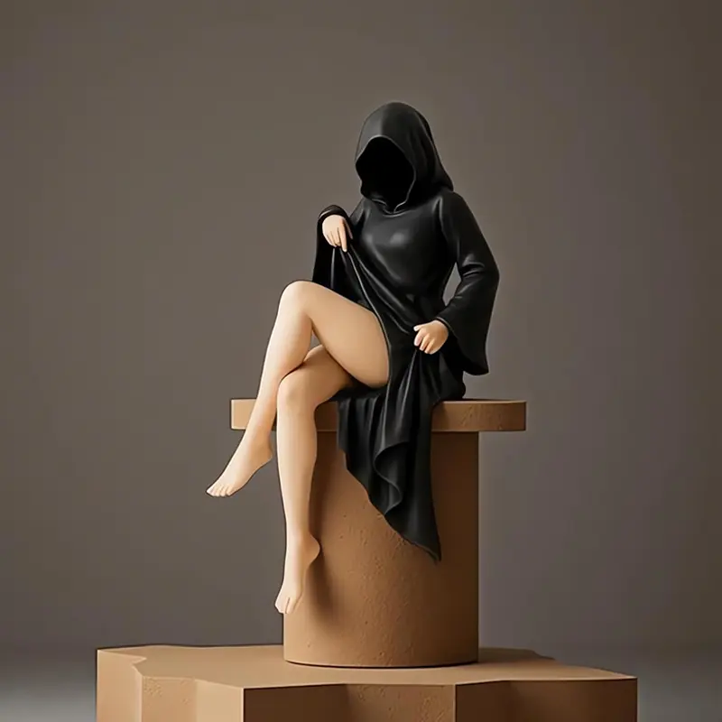 Mask Wearing Woman Statue Bookshelf Desktop Decor Queen Sitting Black Robe 3d Ghost Sculpture Home Office Shelf Gift Artwork