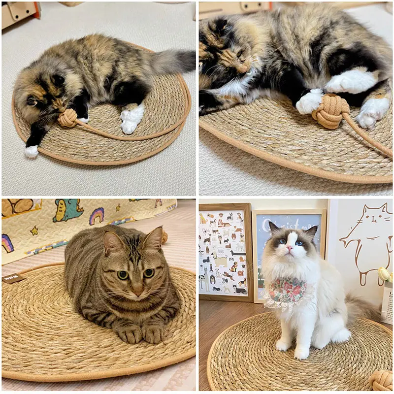 Hand Woven Rattan Cat Puppy Nest Kitten Scratching Mat Cotton Rope Washable Pet Cat Litter Round Cat Scratching Board