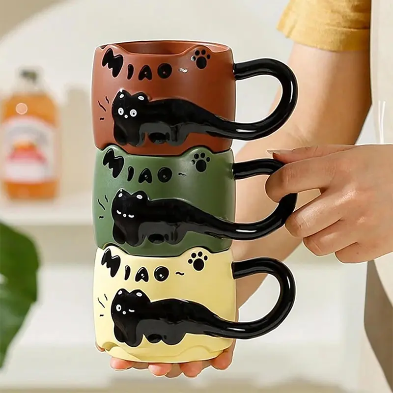 Cat Stacking Mug Creative Cute Cartoon Cat Ceramic Coffee Cup Fun Cat Tail Integrated Handle Cup Couple Water Cup Birthday Gift