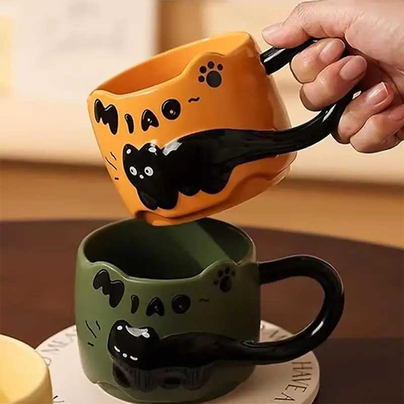Cat Stacking Mug Creative Cute Cartoon Cat Ceramic Coffee Cup Fun Cat Tail Integrated Handle Cup Couple Water Cup Birthday Gift