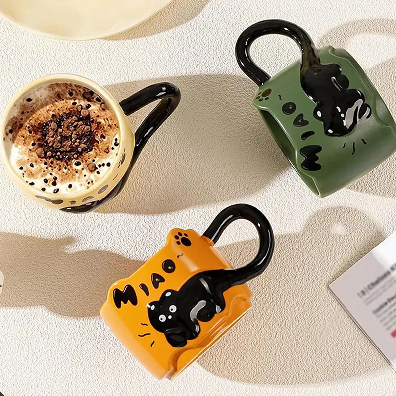 Cat Stacking Mug Creative Cute Cartoon Cat Ceramic Coffee Cup Fun Cat Tail Integrated Handle Cup Couple Water Cup Birthday Gift