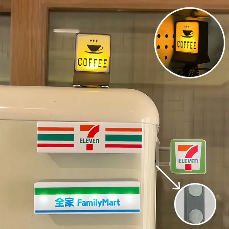 Coffee Shop Magnetic Fridge Stickers Luminous Convenience Store Signs Magnetic Suction Lawson 711 Model Boxes Home Decor