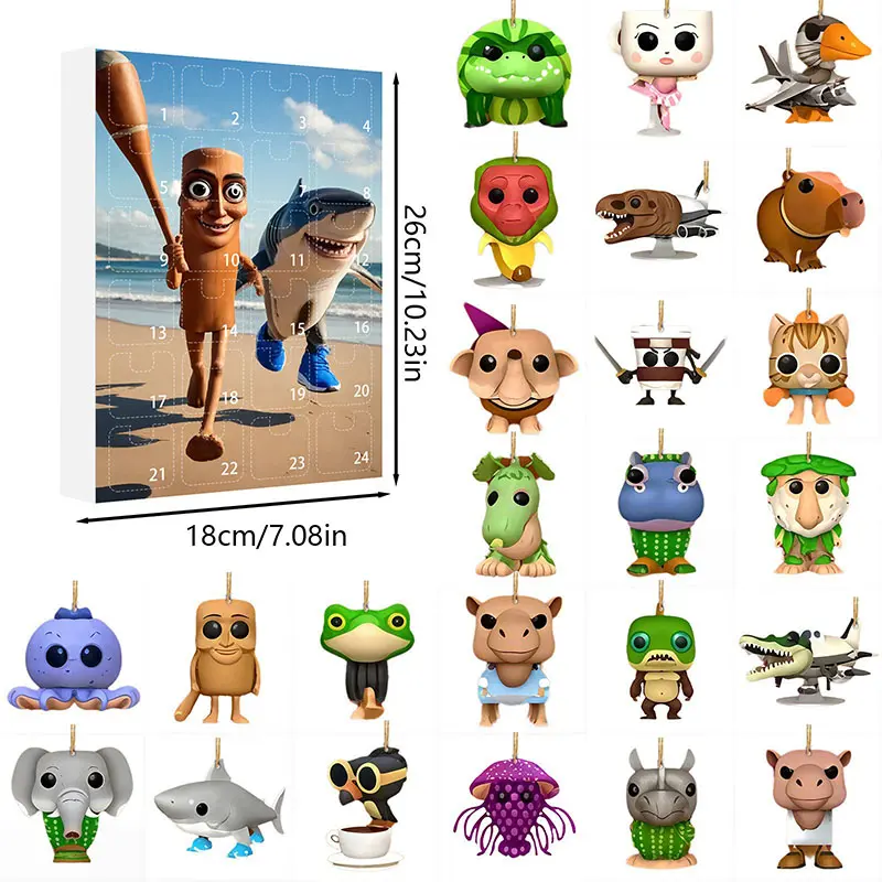 Christmas Arrival Calendar 24 Grid Countdown Brainrot Tung Sahur Pendant Acrylic Cartoon Animal Shark Wooden Stick Model Gift
