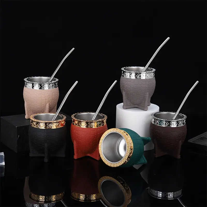 Stainless Steel Double Walled Paraguay Tea Cup Flat Bottomed Glass Cup Coffee Cup With Straw Turtle Shell Texture Eggshell Cup