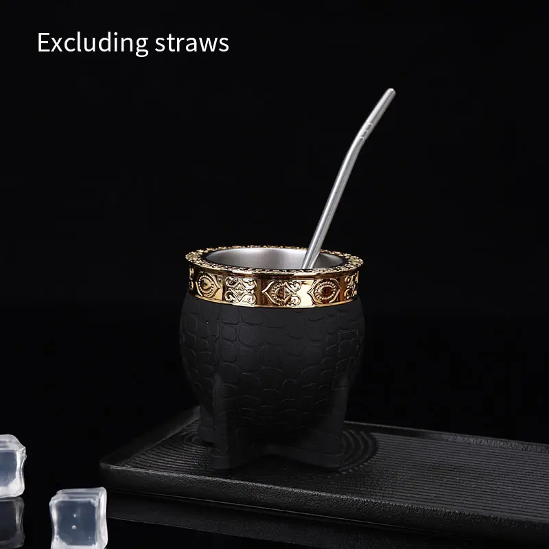 Stainless Steel Double Walled Paraguay Tea Cup Flat Bottomed Glass Cup Coffee Cup With Straw Turtle Shell Texture Eggshell Cup